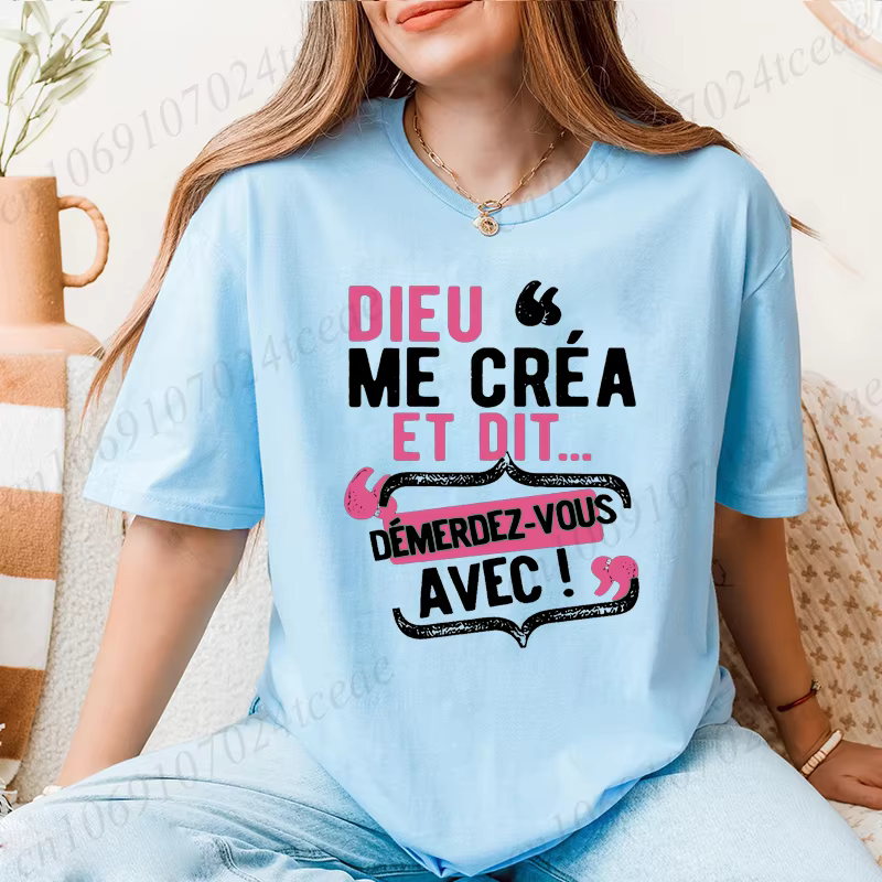 T-shirts pour femmes T-shirt décontracté à col rond avec citation française "Dieu Me C'est Mon Saint" - Haut à manches courtes avec lettres ludiques imprimées