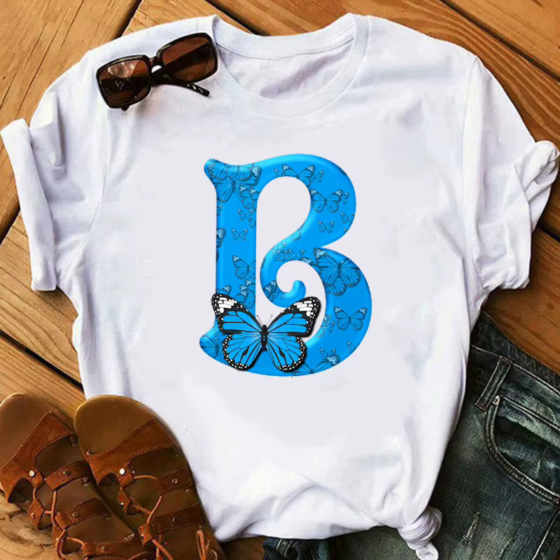 26 lettres anglaises papillon imprimé T-shirt à manches courtes femmes surdimensionné