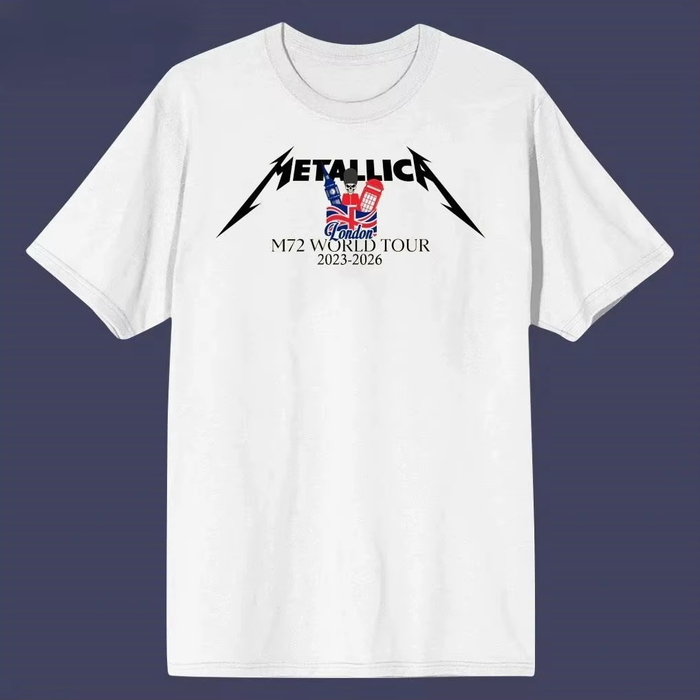 T-shirt Metallica M72 London 2026 avec les dates de la tournée mondiale des membres du groupe