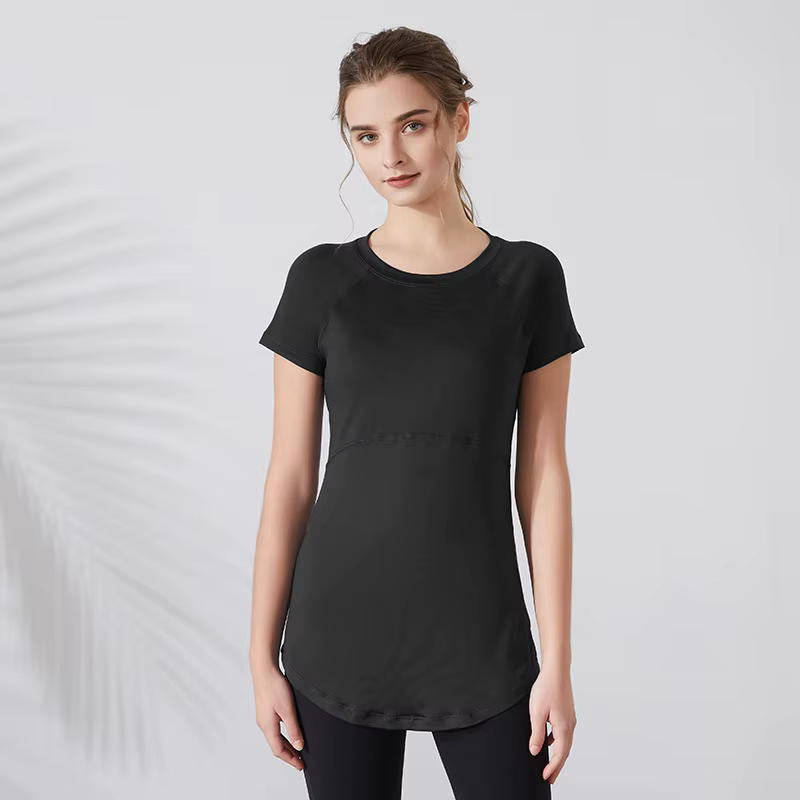 Femmes Yoga chemises manches courtes Sport T-Shirts respirant mince chemise de course séchage rapide gymnase Fitness hauts couverture hanches Blouse femme