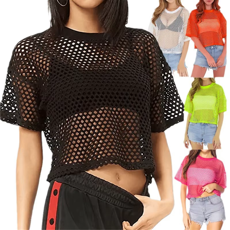 Résille lâche T-shirts Sexy col rond manches courtes évider noir recadrée t-shirt hauts MBN-W109