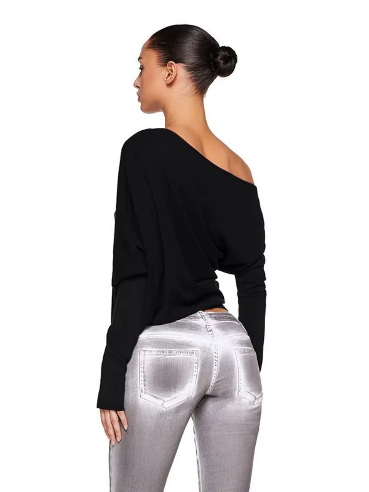 Col incliné t-shirts pour femmes Streetwear à manches longues haut court coupe ample vêtements féministe couleur unie Camisetas Ropa Mujer