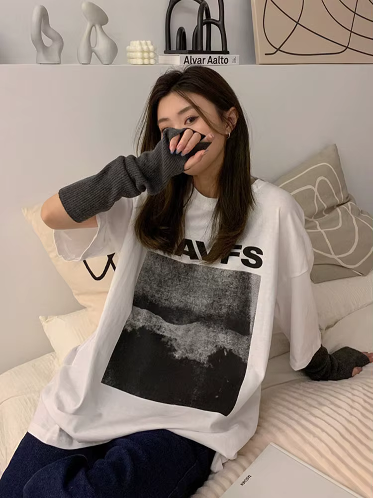 T-shirt manches courtes femme blanc, streetwear estival et créatif, Harajuku