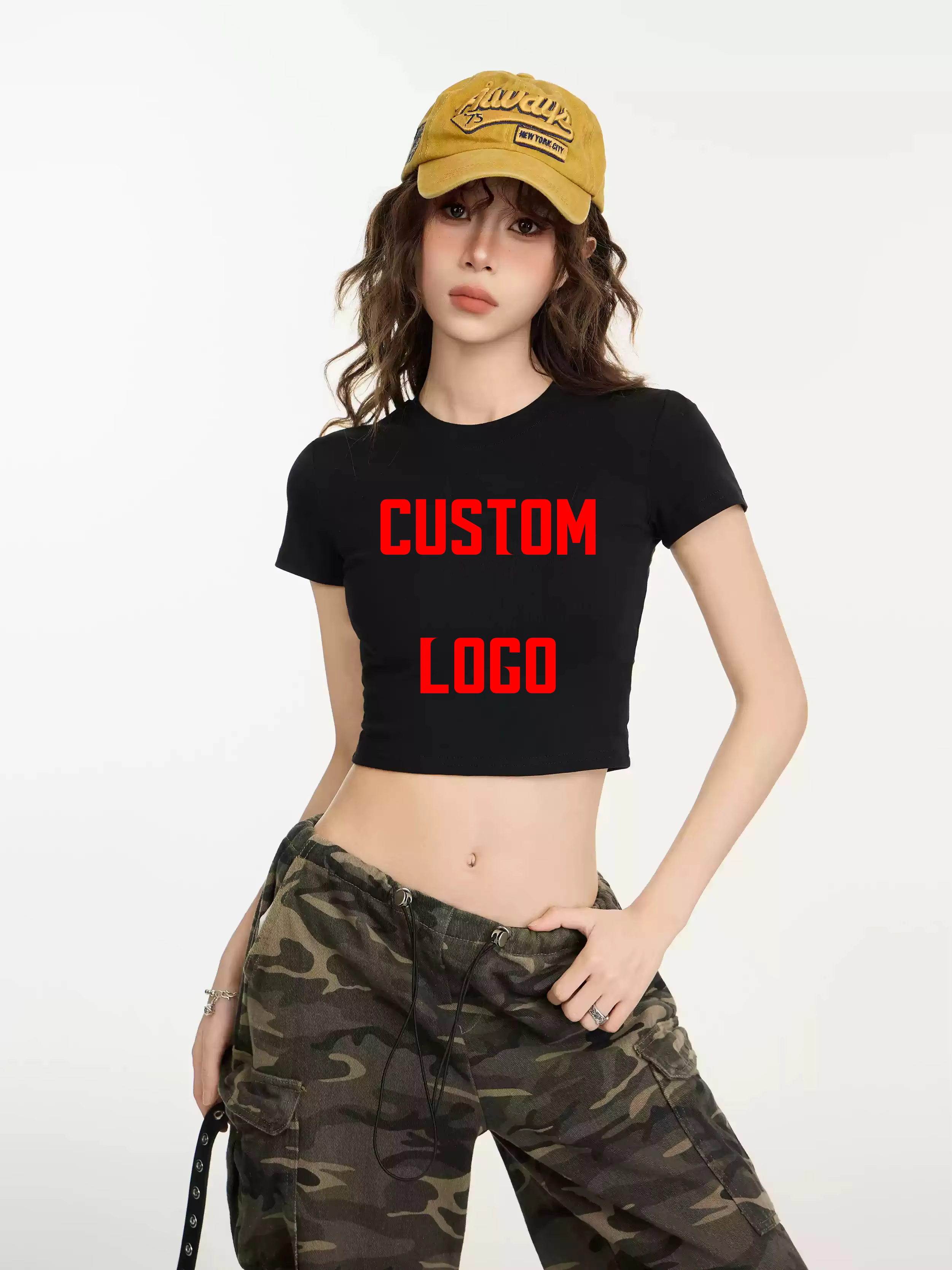 Haut court femmes LOGO personnalisé impression gratuite à manches courtes solide coupe ajustée col rond t-shirt basique