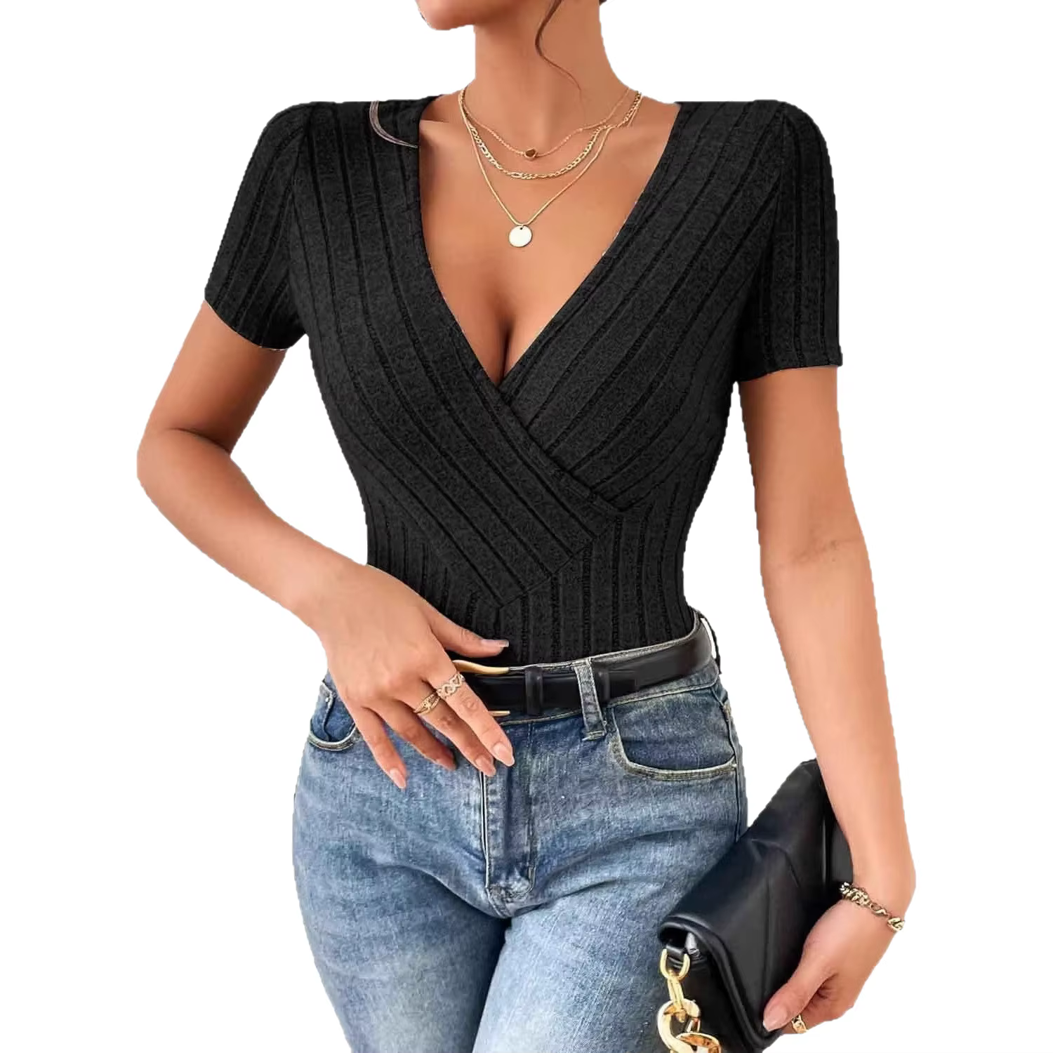 T-shirt élégant pour femme à col en V et manches courtes