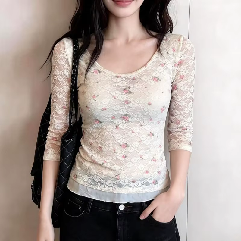 T-shirt en dentelle Y2k pour femmes