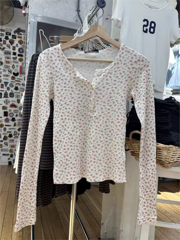 T-Shirt à manches longues gaufré à fleurs roses pour femmes