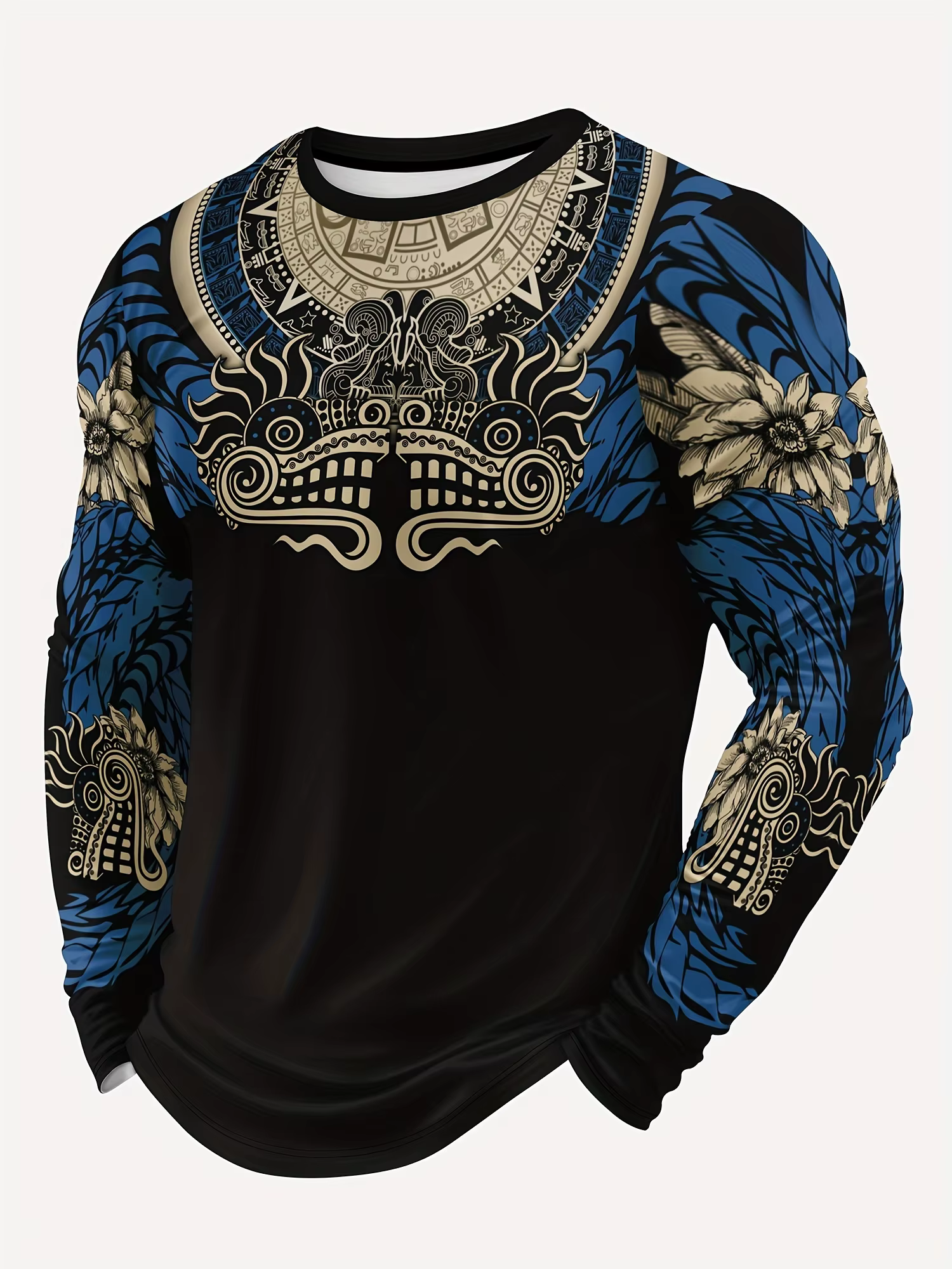 T-shirt à manches longues imprimé Quetzalcoatl pour homme 2026 avec graphiques aztèques numériques