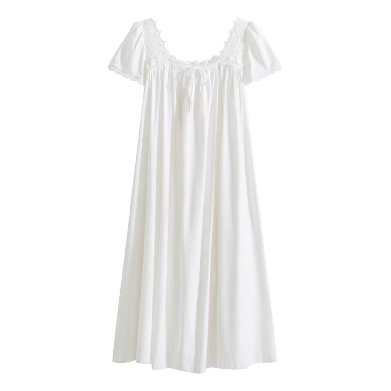 Femmes été manches courtes vêtements de nuit en coton dentelle française col carré chemise