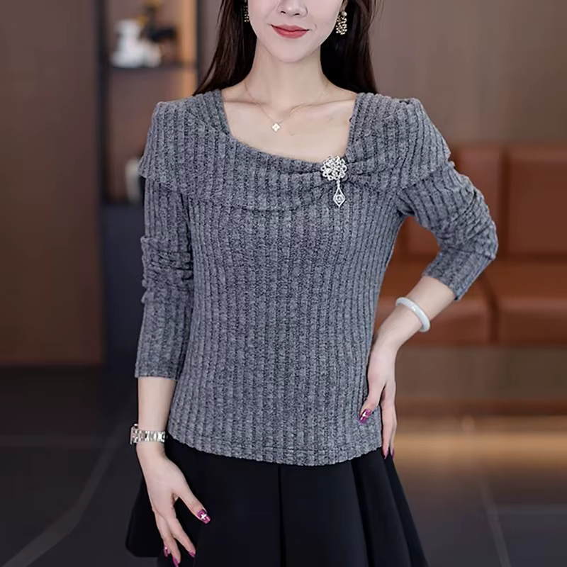 T-shirt Chic Femme Col Carré Tricoté avec Diamants Intégrés
