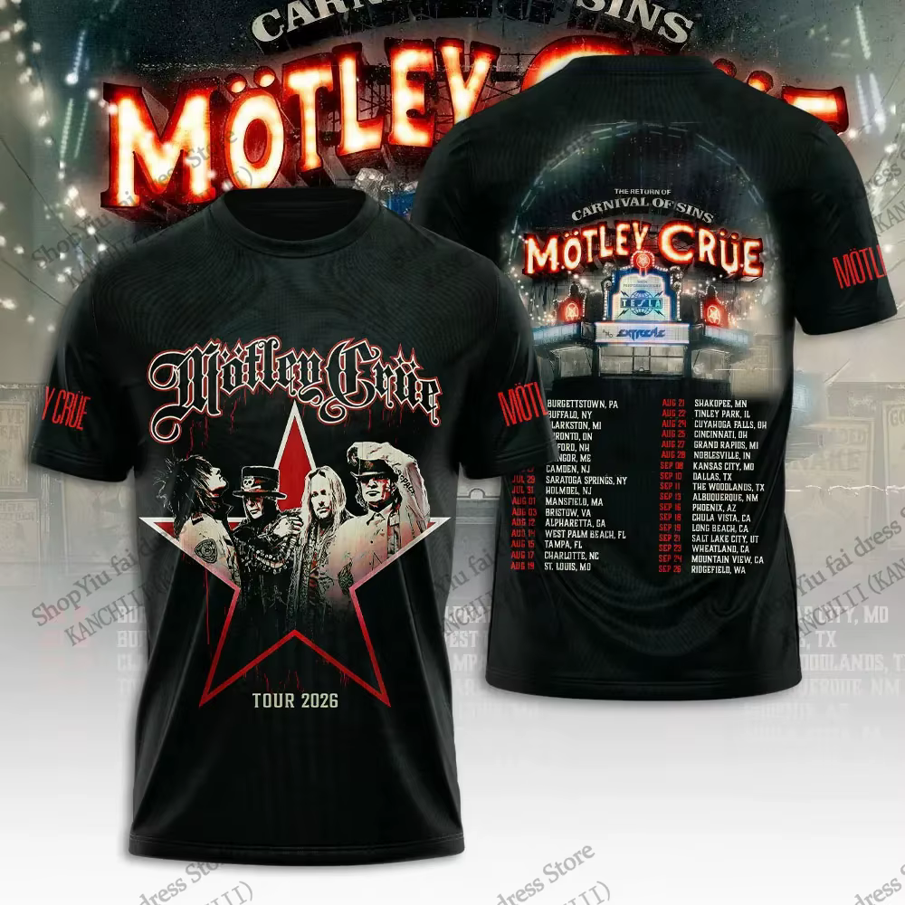 Nouveau T-shirt d'été imprimé 3D Motley Crue Tour Hip Hop Heavy Metal Rock Band pour Hommes