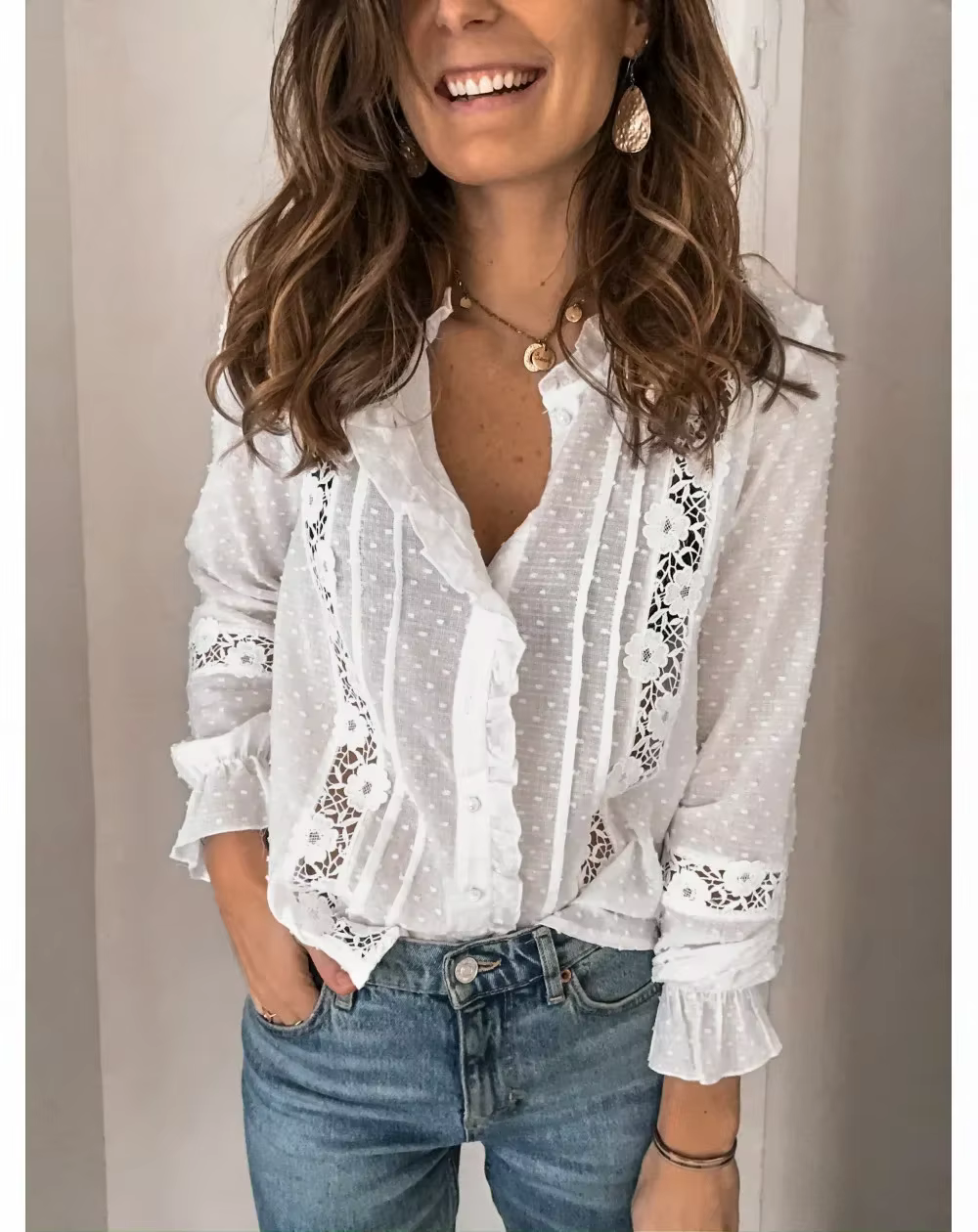 AYUALIN-Chemisier en Dentelle Brodée Florale pour Femme, Chemise à Manches sulf, Vintage, Coton, Chemisiers Décontractés, Dame, Blanc, Y-Boho, Automne