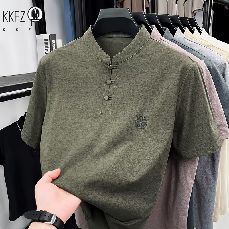 T-shirt décontracté pour homme à col mandarin et manches courtes