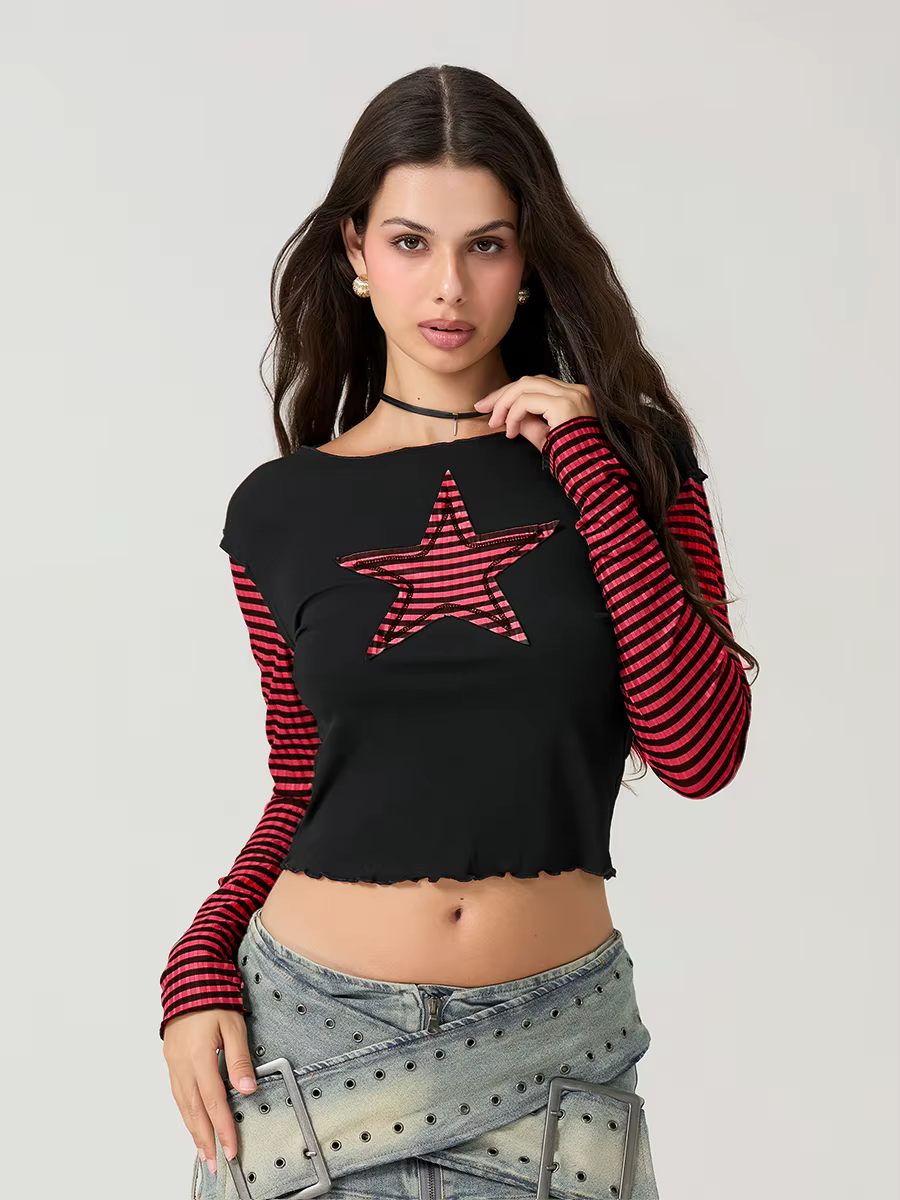 Women T-shirt Long Sleeve Crew Neck Star Stripe