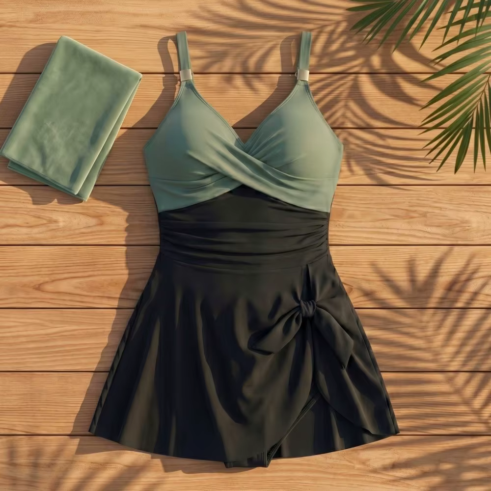 Maillot de bain femme coupe ajustée sans manches col en V, tenue de plage d'été avec jupe plissée