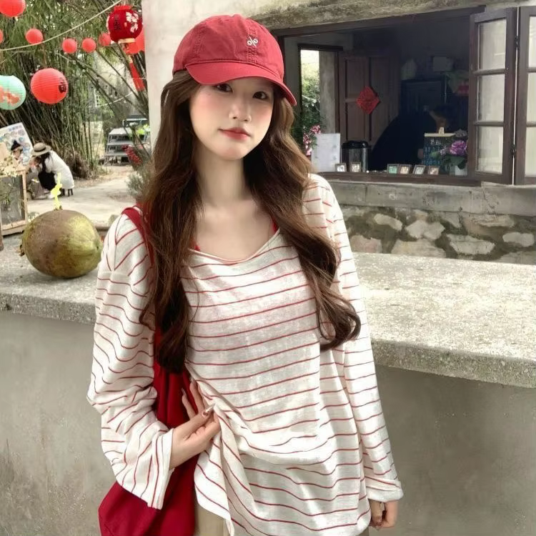 Chemisier T-shirt rayé rouge et blanc pour femme