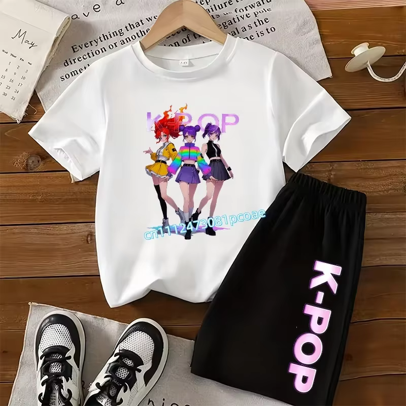 Ensemble en coton à manches courtes pour enfants K-POP - T-shirt de sport pour filles avec imprimé de dessin animé, haut décontracté, t-shirt d'été, ensemble 2 pièces