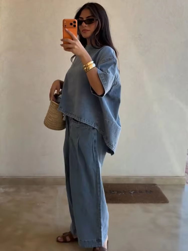 Ensemble pantalon et haut oversize en jean pour femme