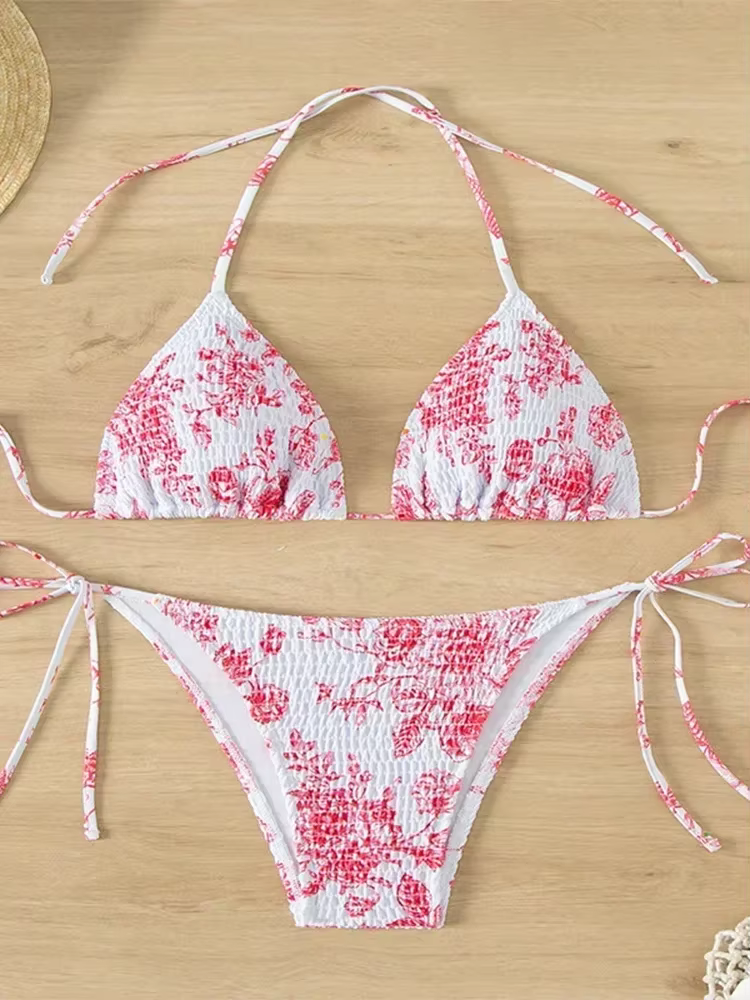 Sexy Floral Bikini 2 pièces ensemble femmes mode à lacets maillot de bain fendu dos nu plage Bikinis 2025 nouveau