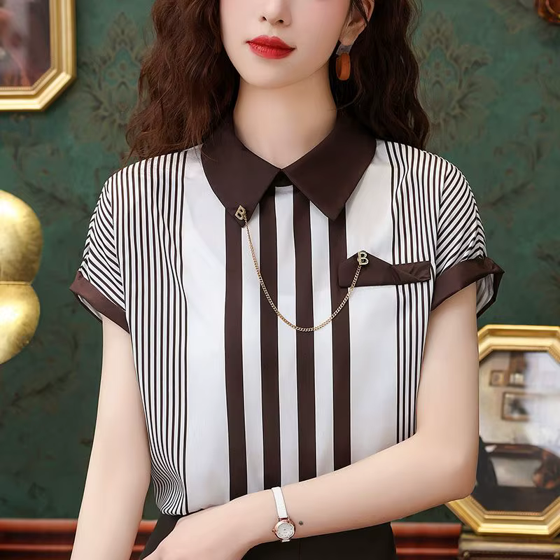 Chemise française en mousseline de soie rayée pour femmes