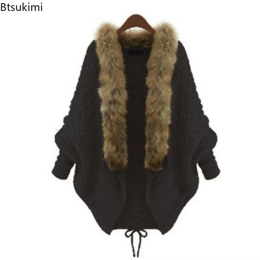 Femmes Cardigan pull épais Poncho Capes automne hiver Femme tricoté manches chauve-souris col de fourrure laine