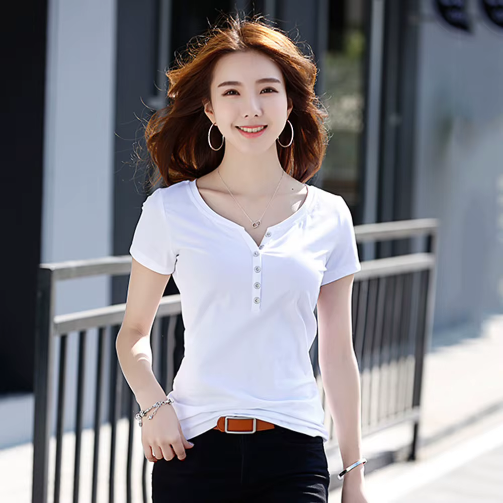 Nouveau Femmes Coton T-shirt Été Mode Bouton Col en V Manche courte Maigrir T-shirts Hauts Simplicité Couleur unie