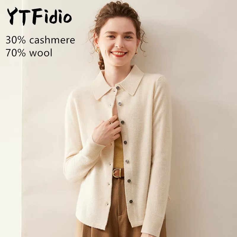 YTFidio cachemire laine mérinos pull femmes col POL à manches longues haut de luxe vêtements de créateur femme Cardigans 114