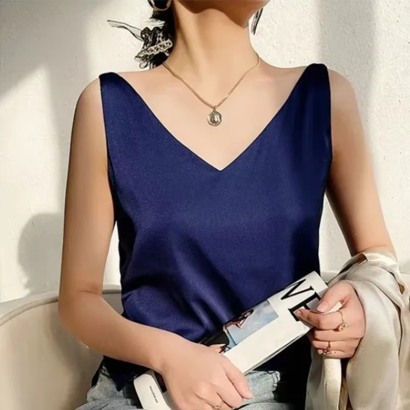 Femme T-shirts élégant soie Satin Blouse sans manches
