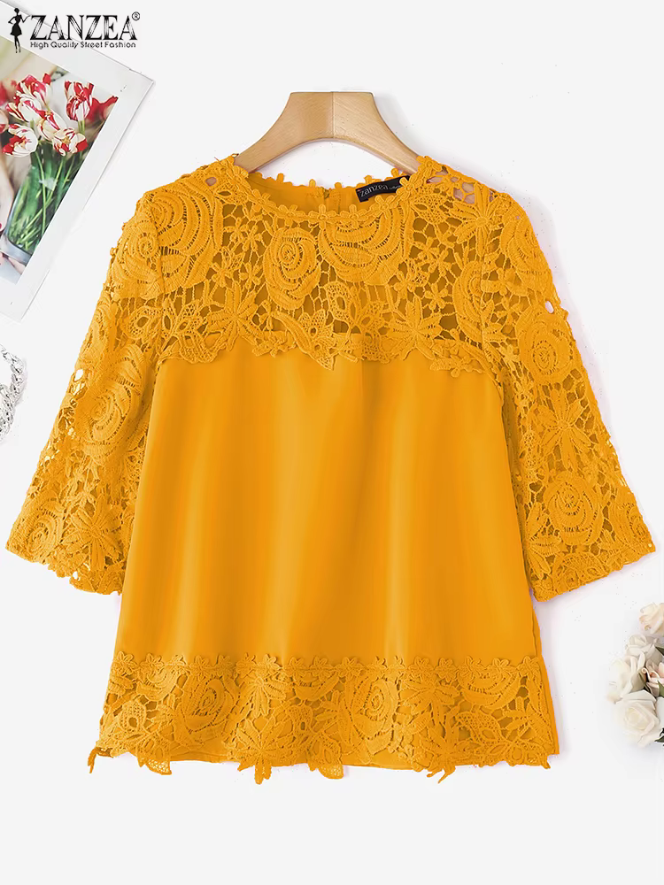 ZANZEA élégant dentelle Patchwork Blouse été hauts 2025 transparent chemises décontractées mode 3/4 manches bureau dame Blusas surdimensionné