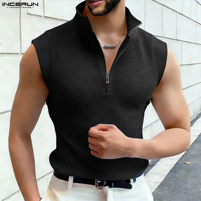 INCERUN Débardeurs Homme Évidés Transparents Été Streetwear Sexy Fermeture Éclair 2026 Tops Tendance Vêtements