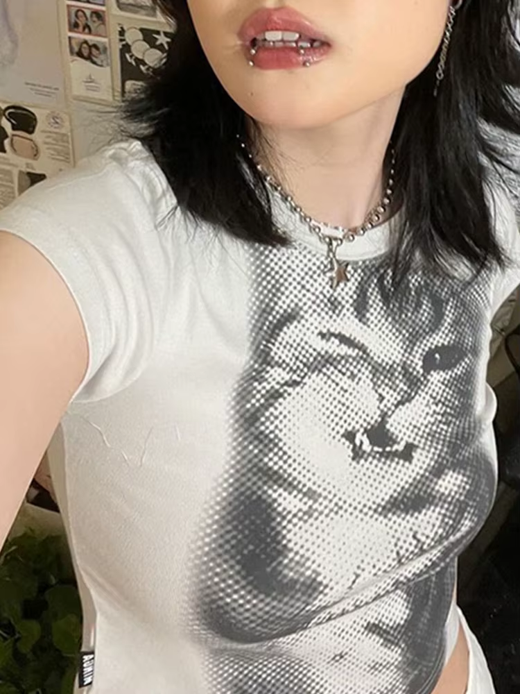 Harajuku Animal imprimé haut court basique blanc à manches courtes col rond T-shirt femmes décontracté mince t-shirts dame y2k Vintage
