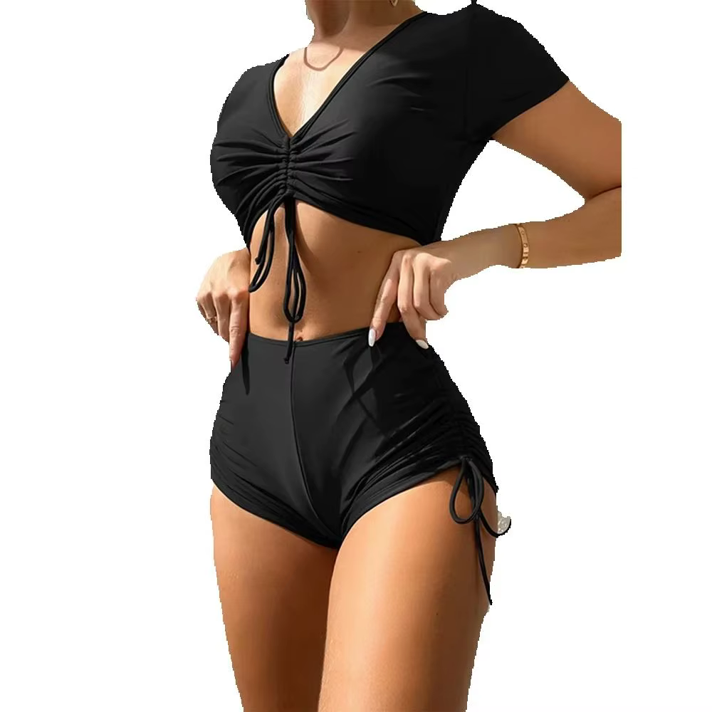 Maillot de Bain Sexy à Manches Courtes et Col en V, Bikini Noir/Rouge, Taille Haute, avec Cordon de Proximité, Couleur Unie, Tenue d'Été à vaccage Rapide