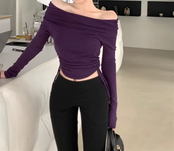 T-shirt violet à manches longues et épaules dénudées pour femme
