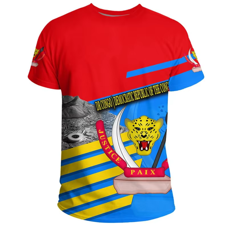 T-shirt à manches courtes à col rond décontracté d'été avec impression 3D de l'emblème national de la République démocratique du Congo