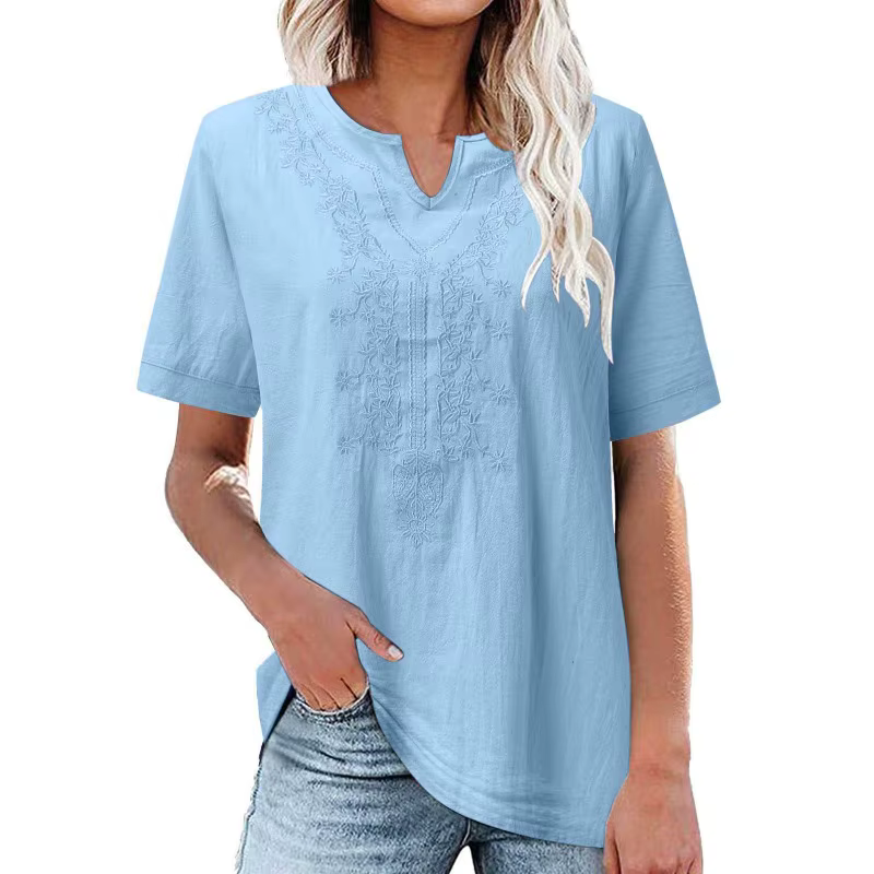 T-shirt décontracté ample à manches courtes en lin et coton brodé avec col en V et poche pour femme