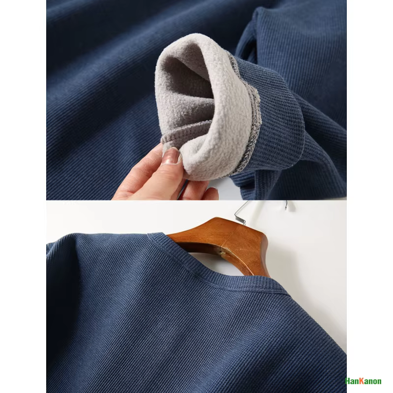 T-shirt en tricot gaufré à manches longues et col Henley pour hommes