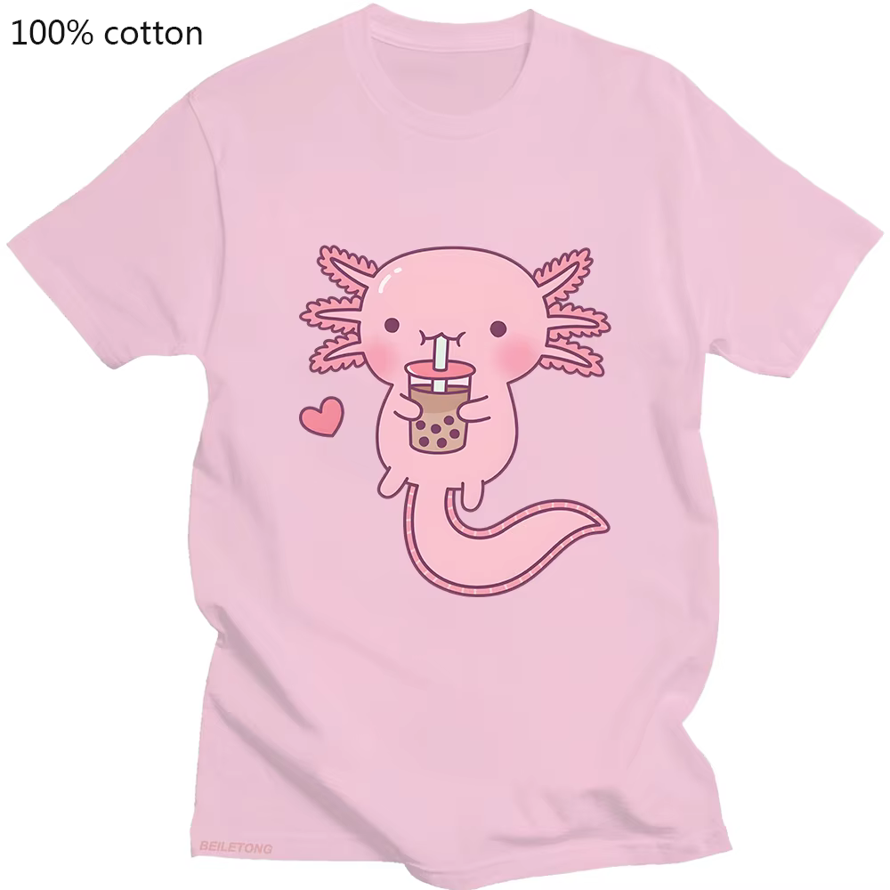 T-shirt imprimé rose Axlotl Kawaii Bubble Tea pour femmes