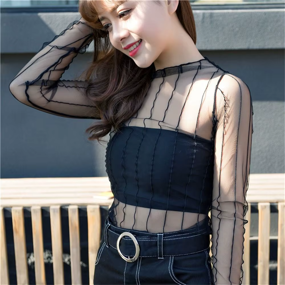 T-shirt à manches longues en dentelle transparente pour femmes et filles