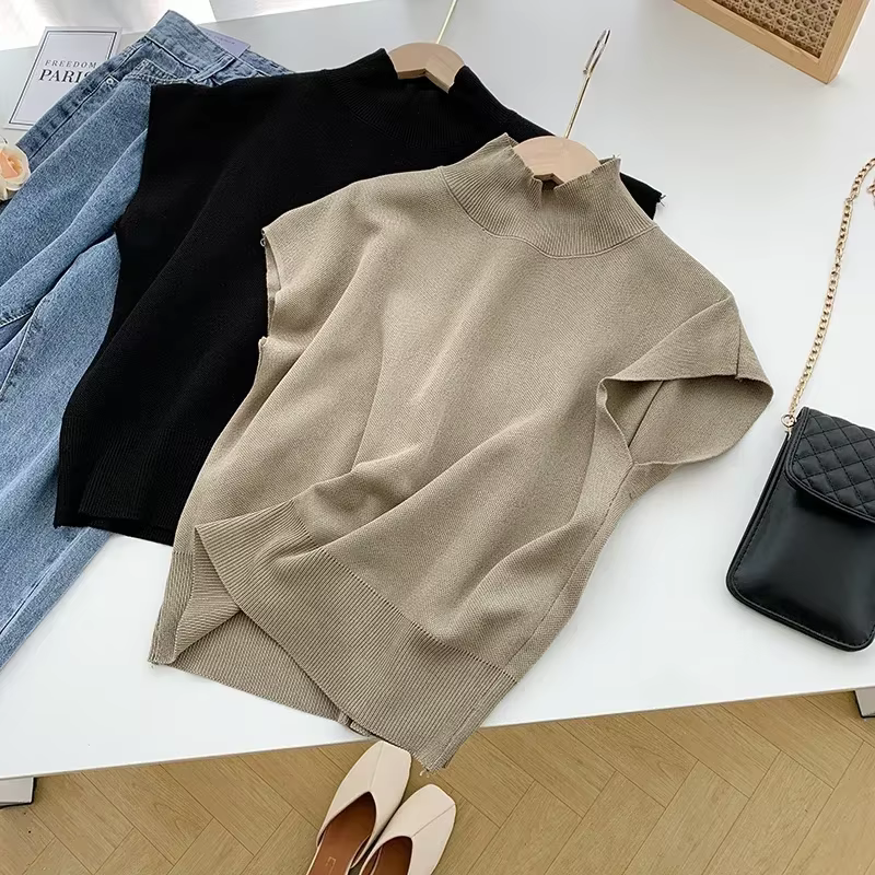 Nouveau pull chemise été solide col montant décontracté tricoté gilet à manches courtes bureau dame ample élégant droit 20397