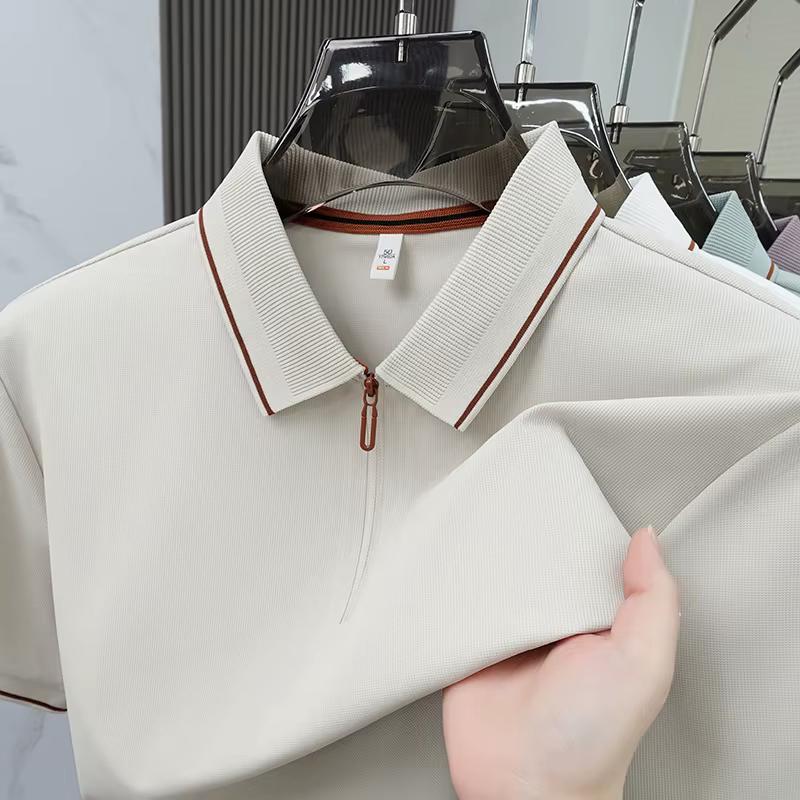 Light luxe couleur solide manches courtes polo chemise homme été glace soie respirable affaires décontractée mode zipper Le col renversé T-shirt
