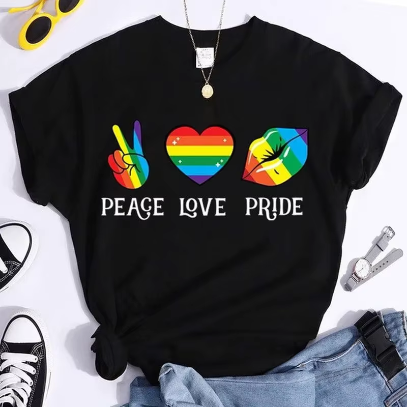 T-shirt manches courtes col rond femme, Peace Love Pride, coloré, imprimé