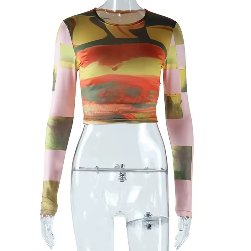 T-shirt court imprimé tie-dye pour femme, col rond, manches longues