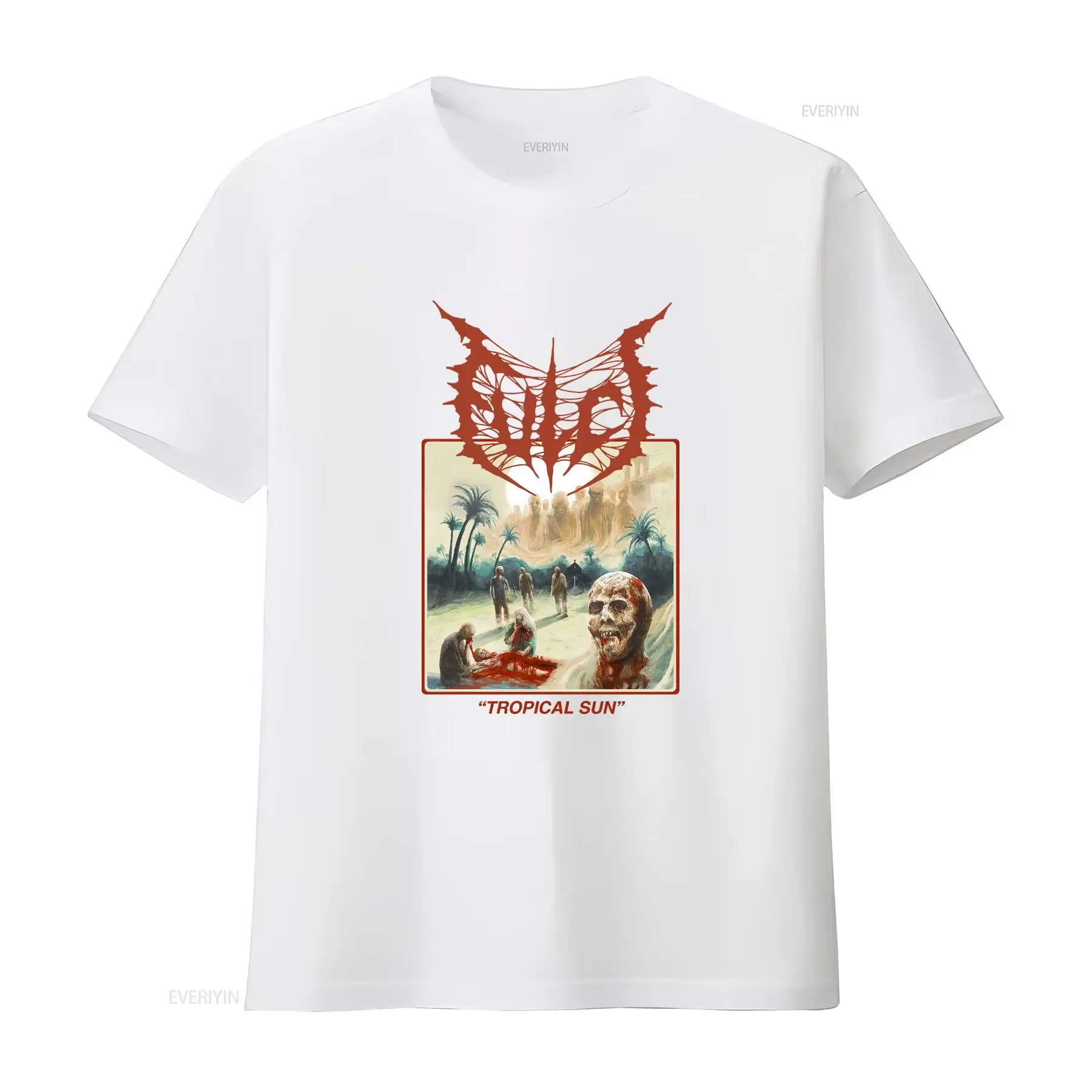 T-shirt unisexe Fulci blanc Tropical Sun couleur beige taille S à 3XL vintage lavé élégant vêtements graphiques stylés