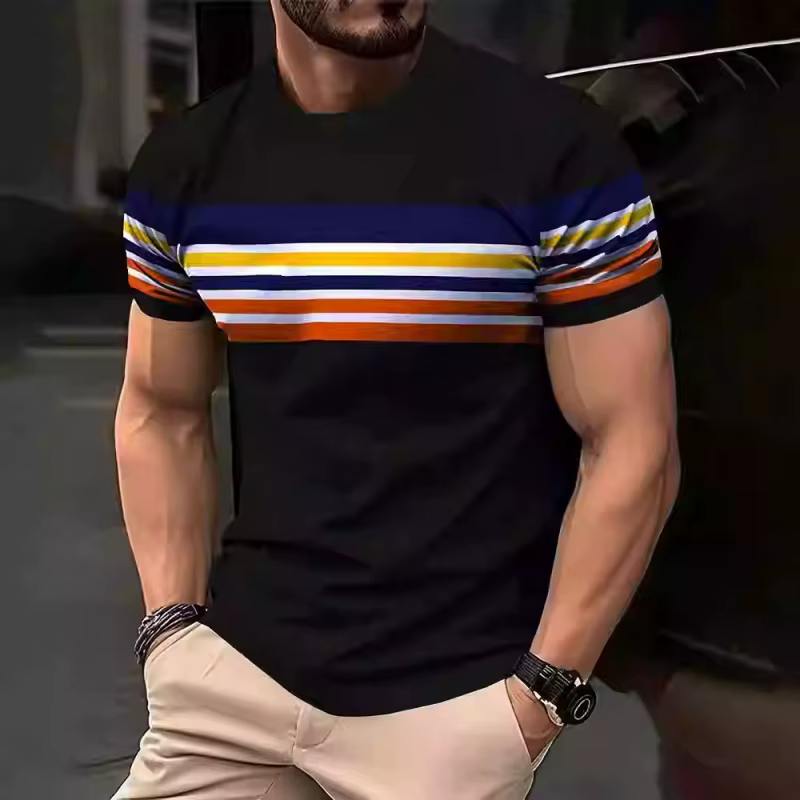 Rayures colorées motif T-Shirt pour hommes mode bloc de couleur 3D imprimé t-shirts été respirant haut col en o