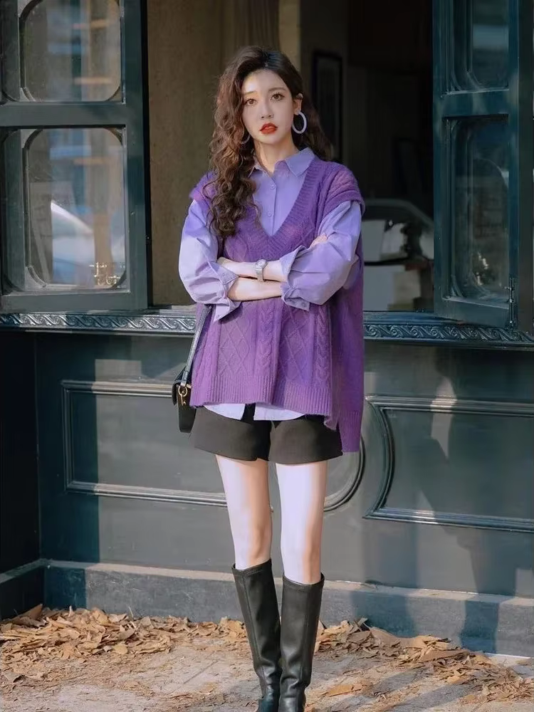 Gilet violet col en v dame chandails pull ample tricot gilets pour femmes sans manches Style coréen vêtements élégant tendance 2025