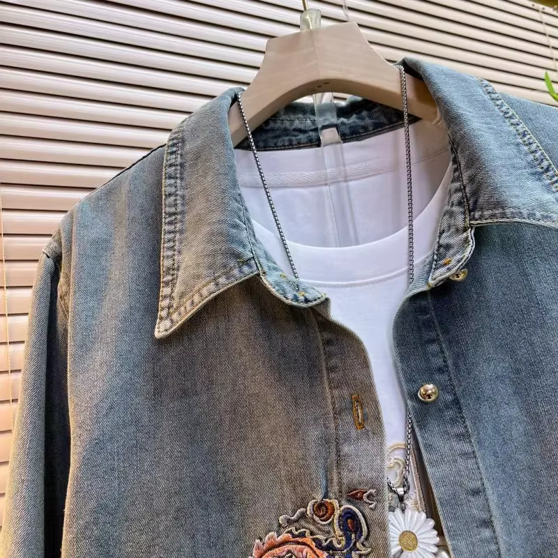 Chemise en jean femme 2025 nouveau printemps été broderie ample à manches longues dames hauts Style rétro mode coréenne