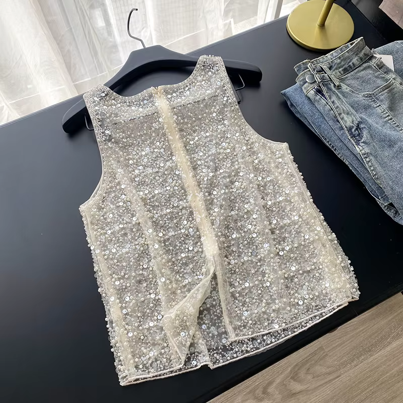 Débardeur de luxe pour femme avec sequins et perles