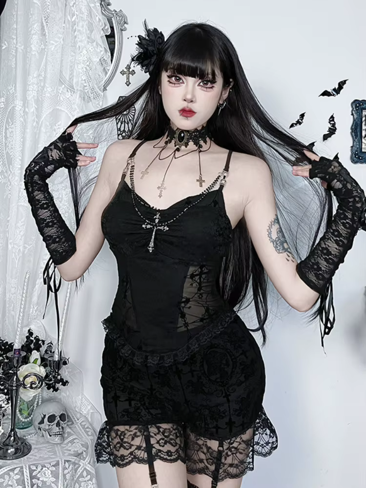 Punk gothique Camisole femmes centre commercial foncé Goth Y2k Streetwear Grunge Emo Sexy dentelle Patchwork chaîne
