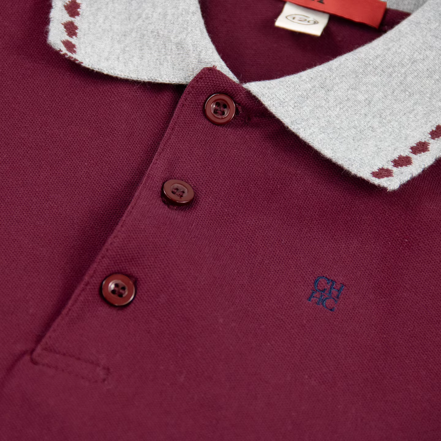 Polo à manches longues CH Bourgogne avec col gris contrastant brodé en coton doux pour enfants