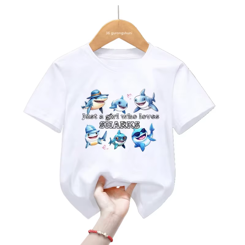 T-shirt imprimé graphique requin mignon pour filles et garçons
